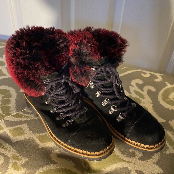Sam Edelman Women's Bowen Black Suede Raspberry Wine Faux Fur Boots Size 6 - Picture 6 of 12